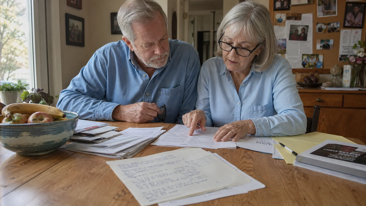 A senior couple sitting at their kitchen table reviewing documents together, symbolizing proactive planning.