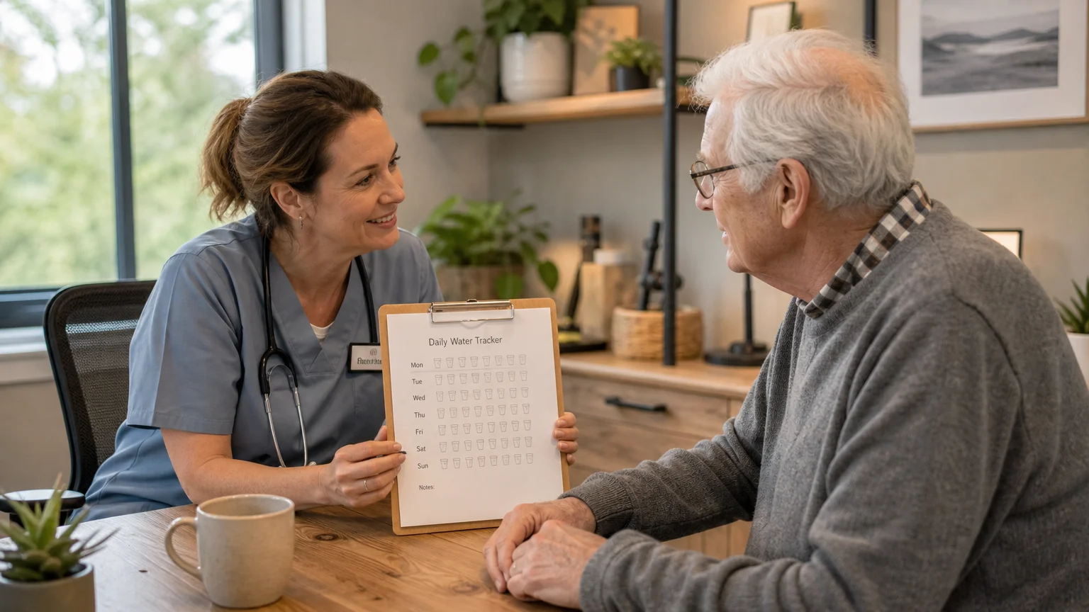 A senior man consults with a health professional in a warm, sunlit office, discussing a water intake tracking sheet.