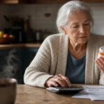 A senior woman at her kitchen table looking at a prescription bottle and a calculator, reflecting the concern of rising drug costs.