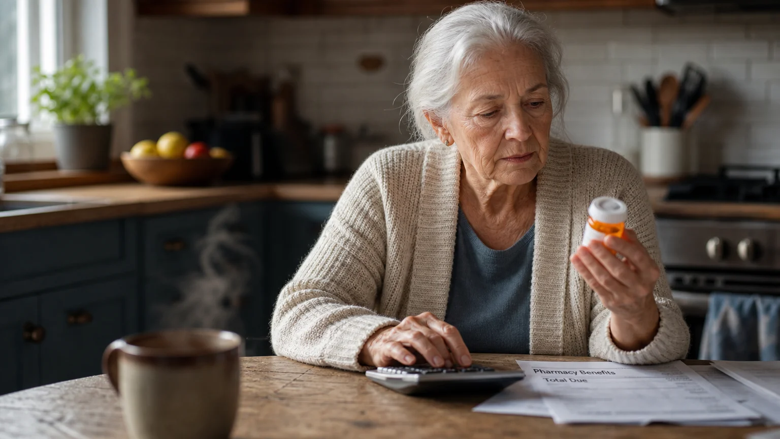 A senior woman at her kitchen table looking at a prescription bottle and a calculator, reflecting the concern of rising drug costs.