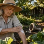 A senior woman gardening in long sleeves and a hat, taking proactive steps for summer health in her sun-drenched backyard.