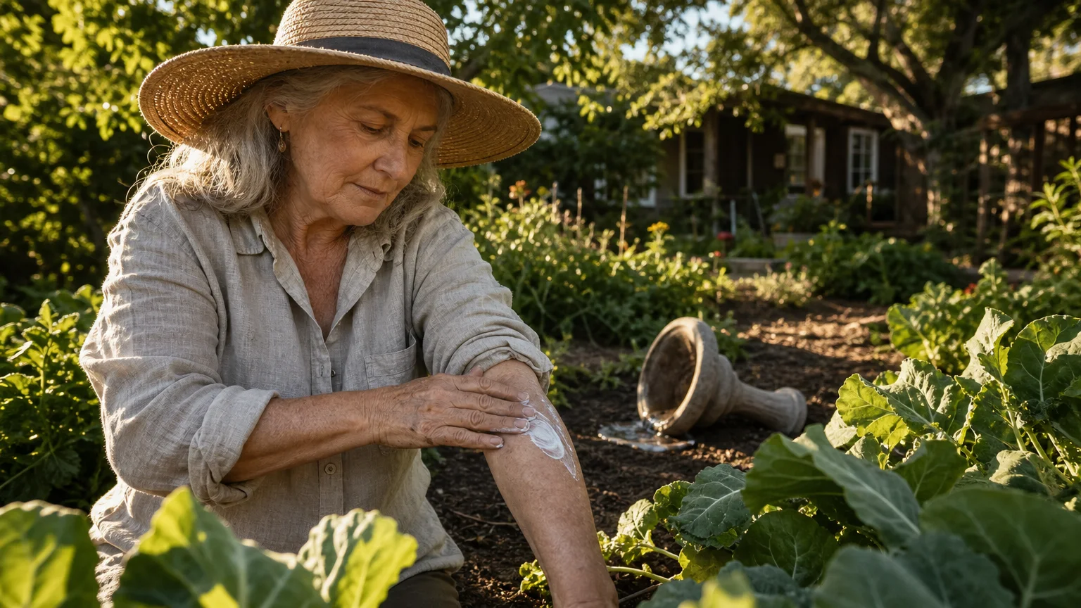 A senior woman gardening in long sleeves and a hat, taking proactive steps for summer health in her sun-drenched backyard.