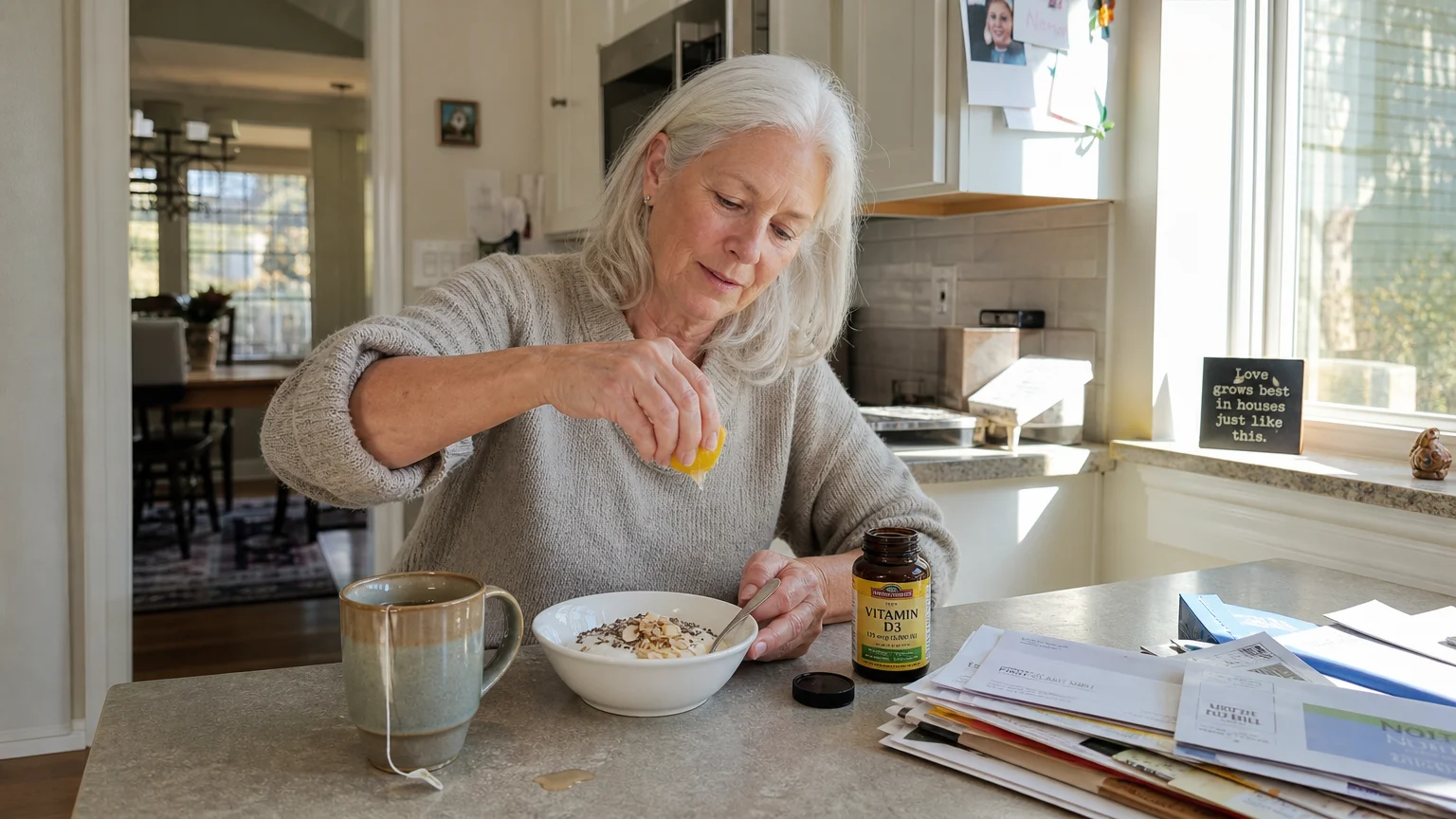 A senior woman in a sunlit kitchen preparing a healthy meal with seeds and nuts, reflecting the need for strategic nutrition as we age.