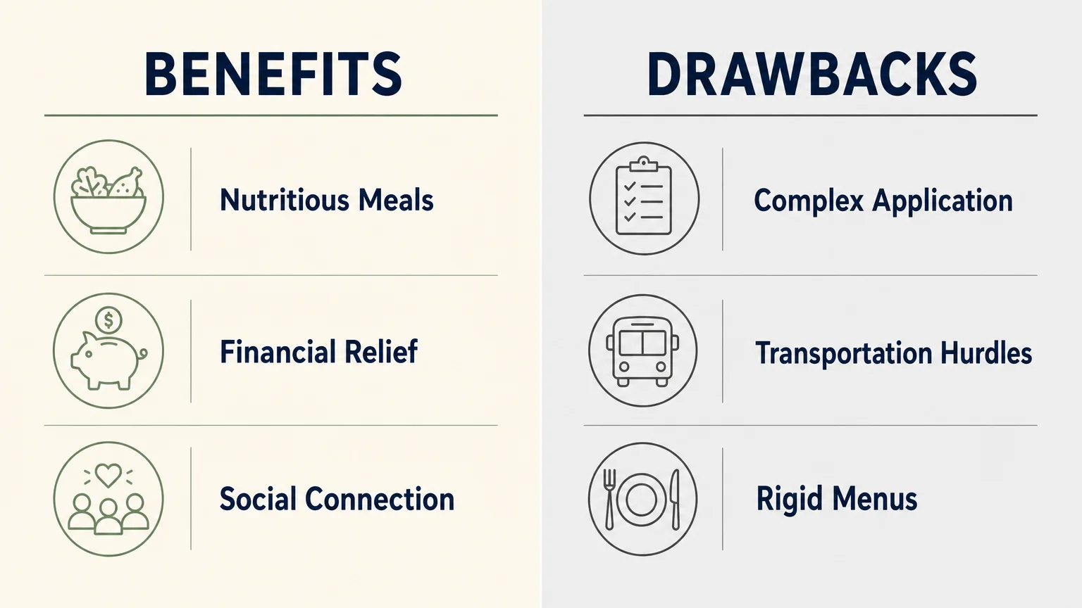 A side-by-side comparison infographic listing the benefits and drawbacks of senior food programs in two clean columns.
