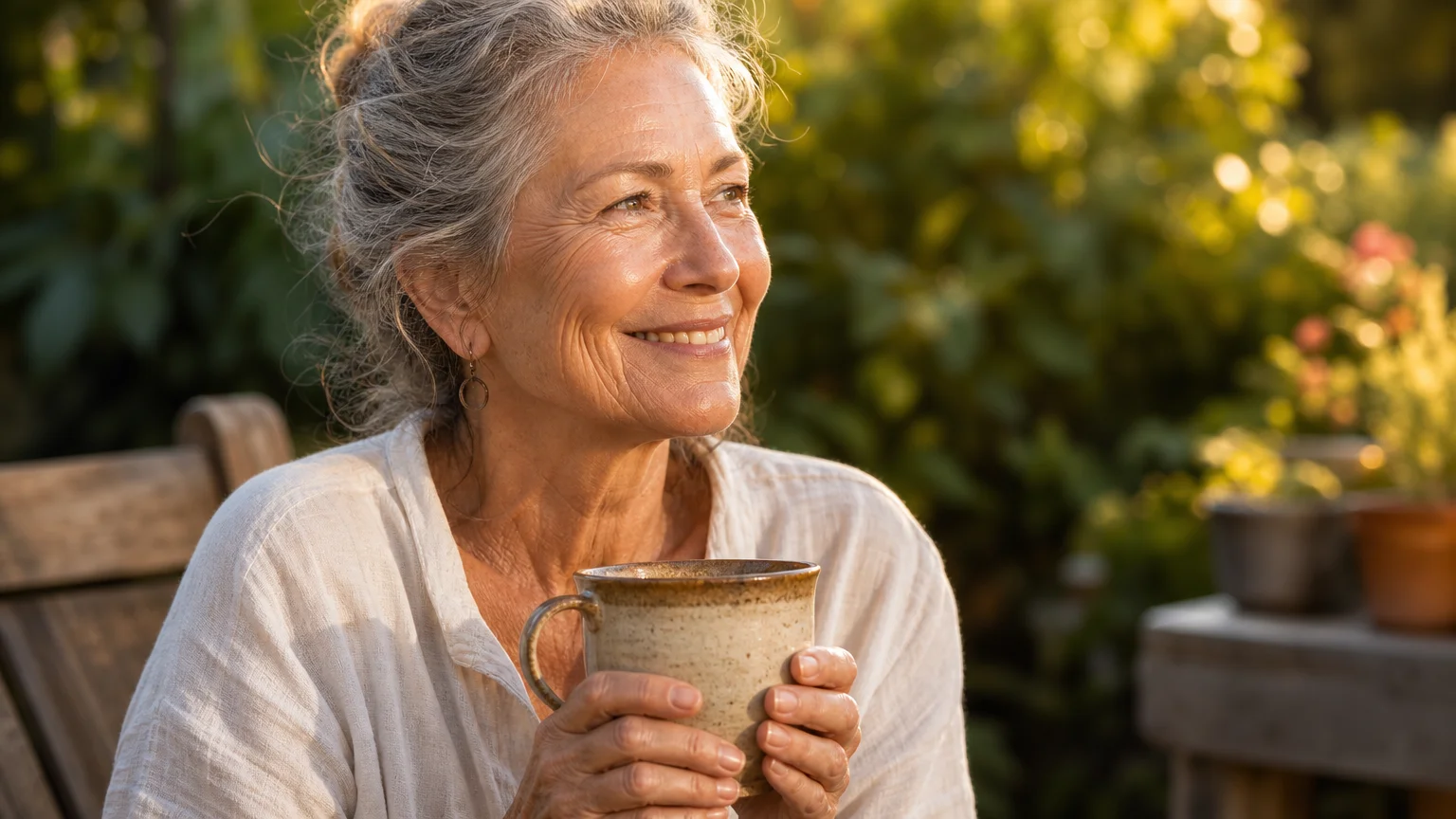 A smiling senior woman in a linen shirt sits in a sunlit garden, holding a ceramic mug during golden hour.