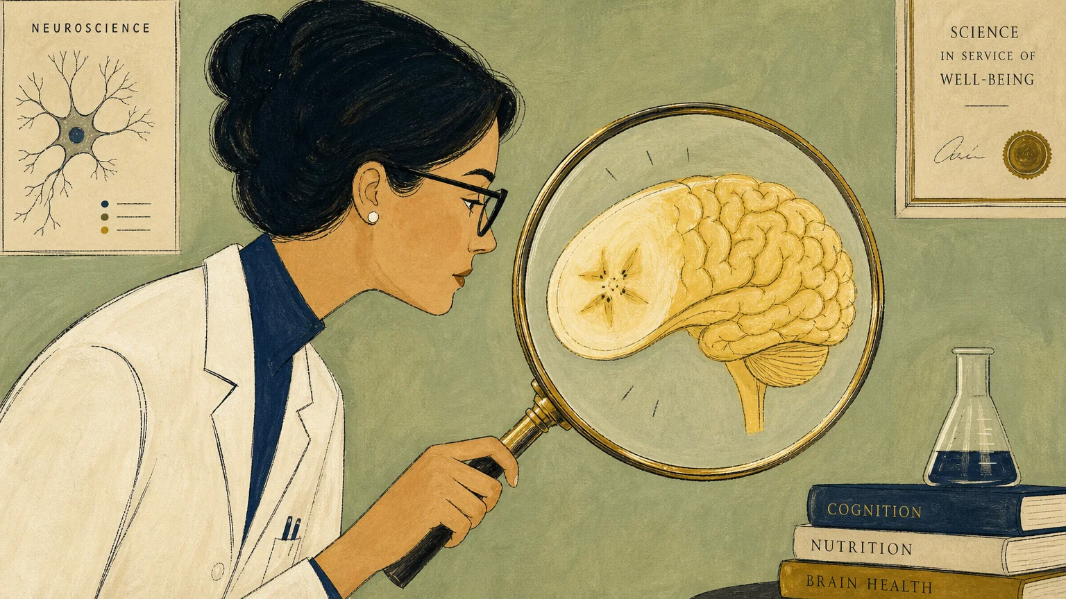 A stylized gouache illustration of a scientist looking through a magnifying glass at a banana slice shaped like a human brain.