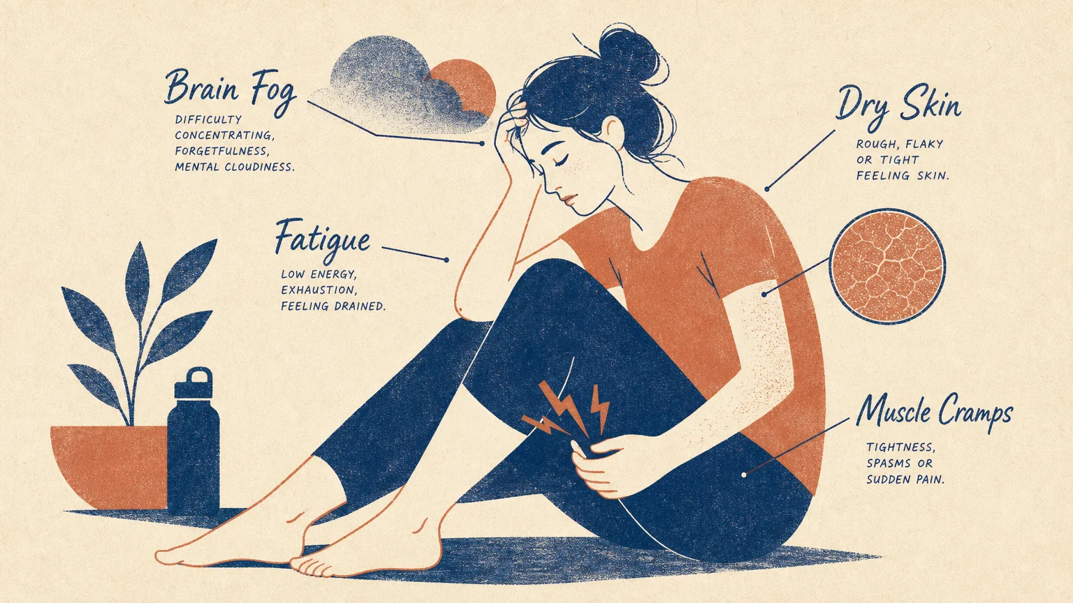 A stylized risograph illustration of a human figure with clean callout labels pointing to dry skin, brain fog, fatigue, and muscle cramps.