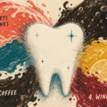 A stylized white tooth surrounded by six colored splashes representing harmful acidic drinks in a textured risograph illustration.