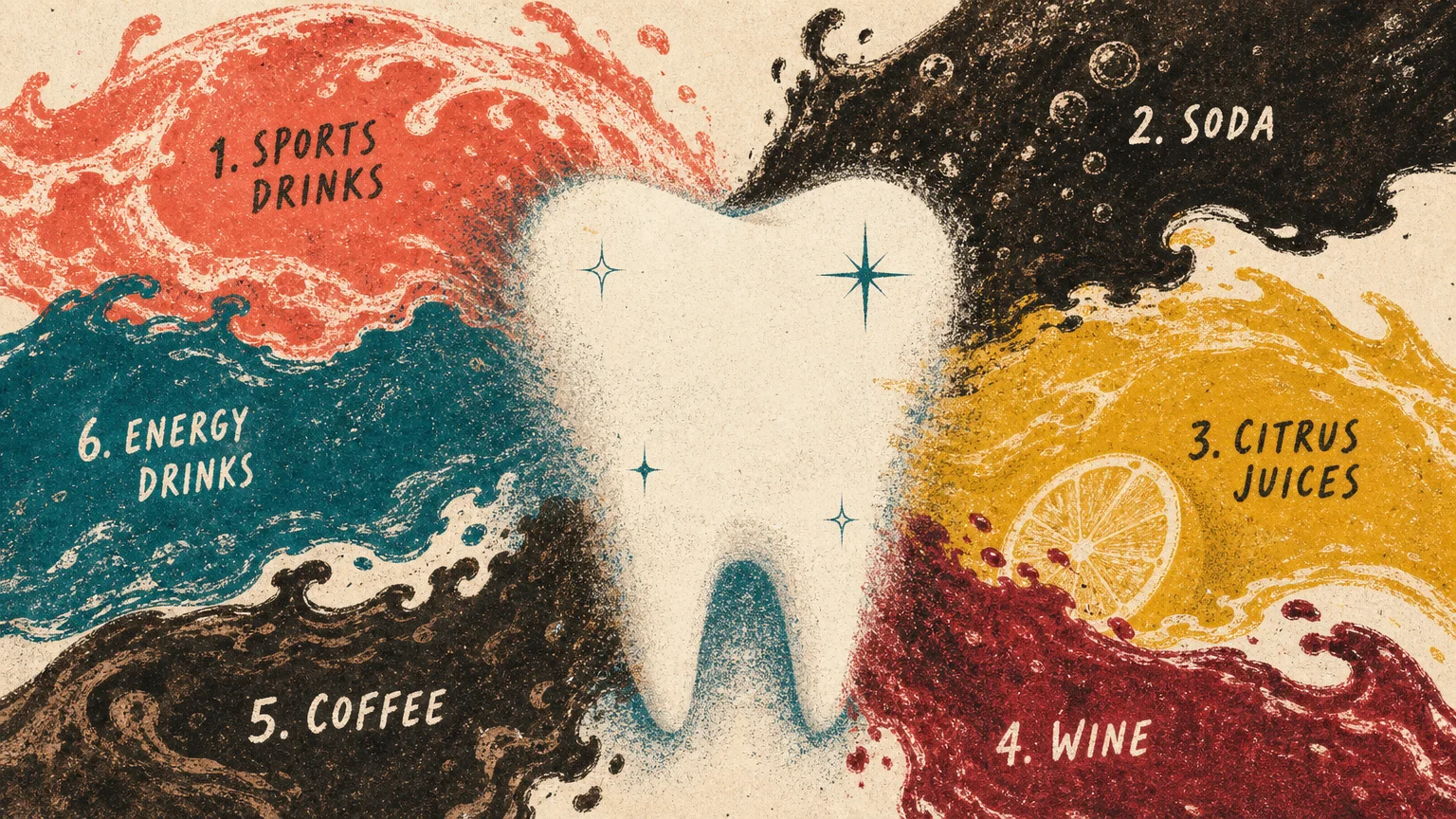 A stylized white tooth surrounded by six colored splashes representing harmful acidic drinks in a textured risograph illustration.