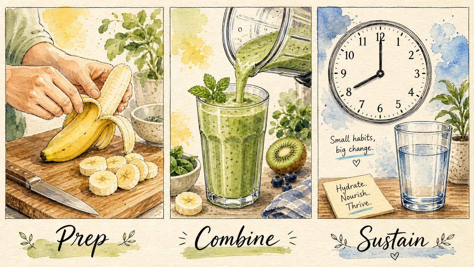 A three-panel watercolor illustration showing the steps of preparing a healthy morning smoothie with bananas as a daily routine.