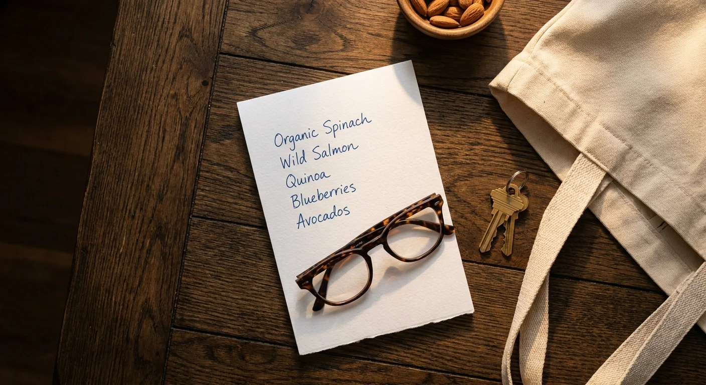 A top-down photo of a handwritten grocery list showing spinach and salmon next to reading glasses and a canvas tote on a wooden table.