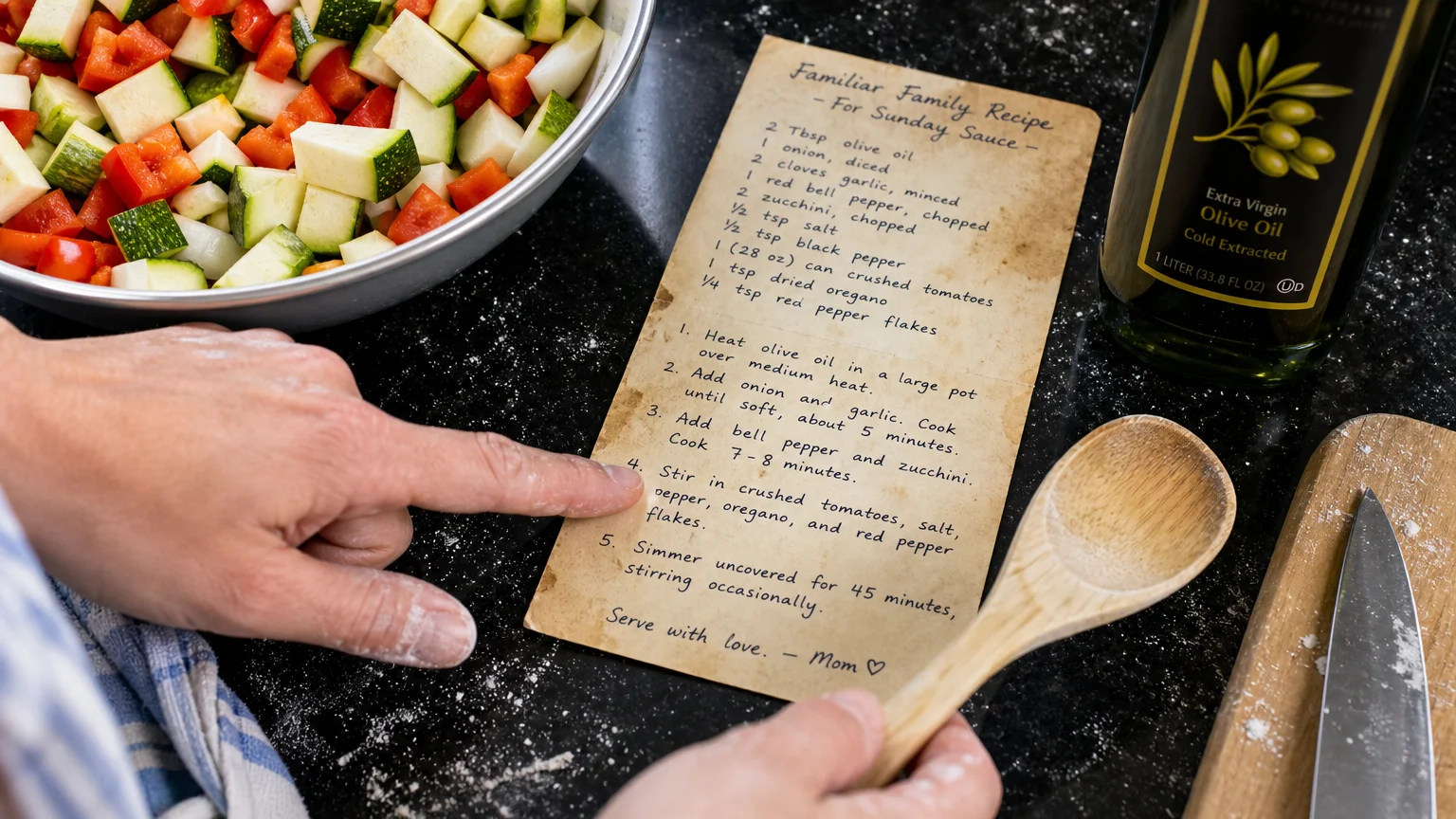 A top-down view of hands following a handwritten recipe card, symbolizing the maintenance of daily routines.