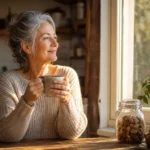 A vibrant senior woman in a cream sweater sitting by a sunlit kitchen window, holding a ceramic mug in warm morning light.