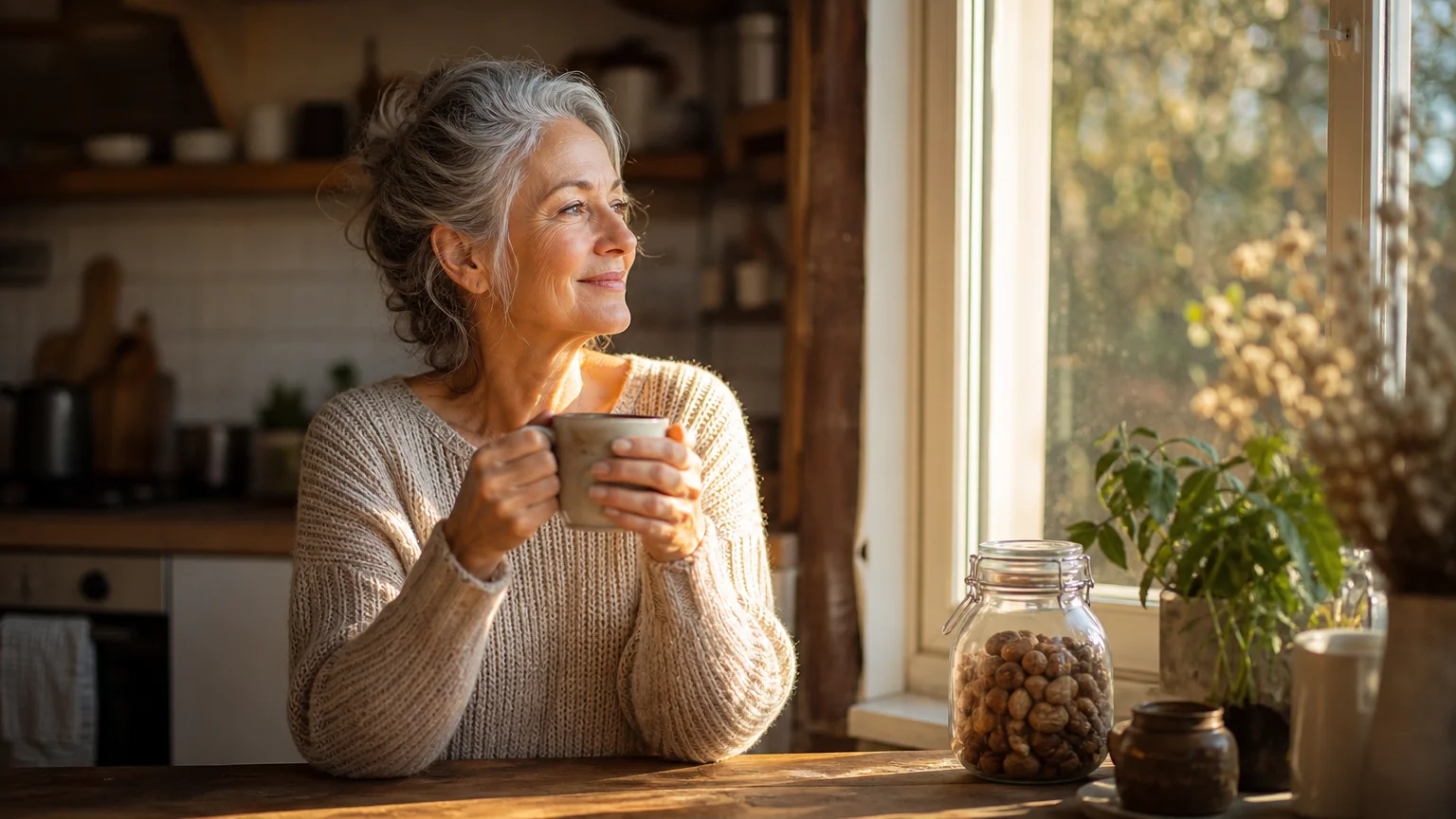 A vibrant senior woman in a cream sweater sitting by a sunlit kitchen window, holding a ceramic mug in warm morning light.