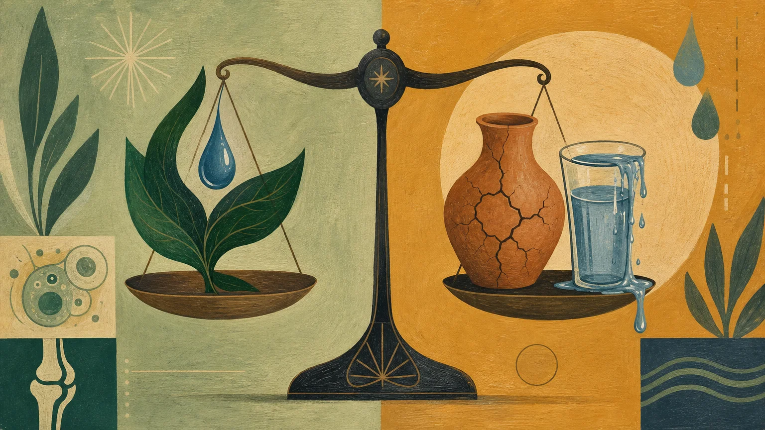 A warm gouache illustration of a balanced scale comparing healthy hydration with the risks of extreme fluid deficit.
