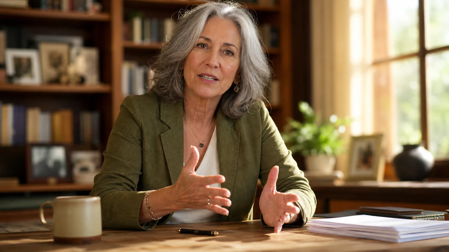 A warm, natural photograph of a female health professional gesturing as she explains a concept in a sunlit home office.