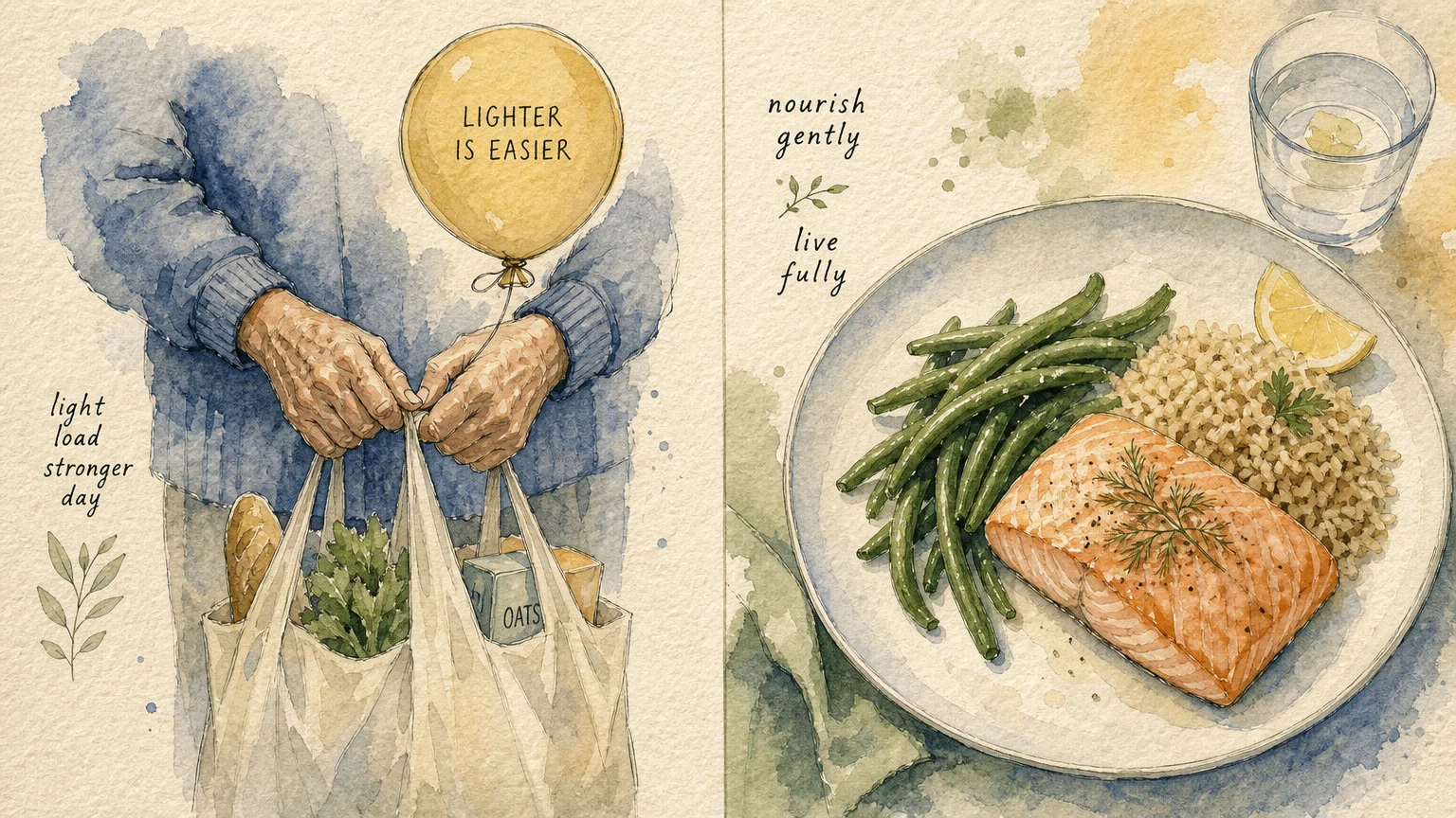 A watercolor illustration depicting hands holding a balloon-supported grocery bag alongside a balanced, nutritious meal plate.