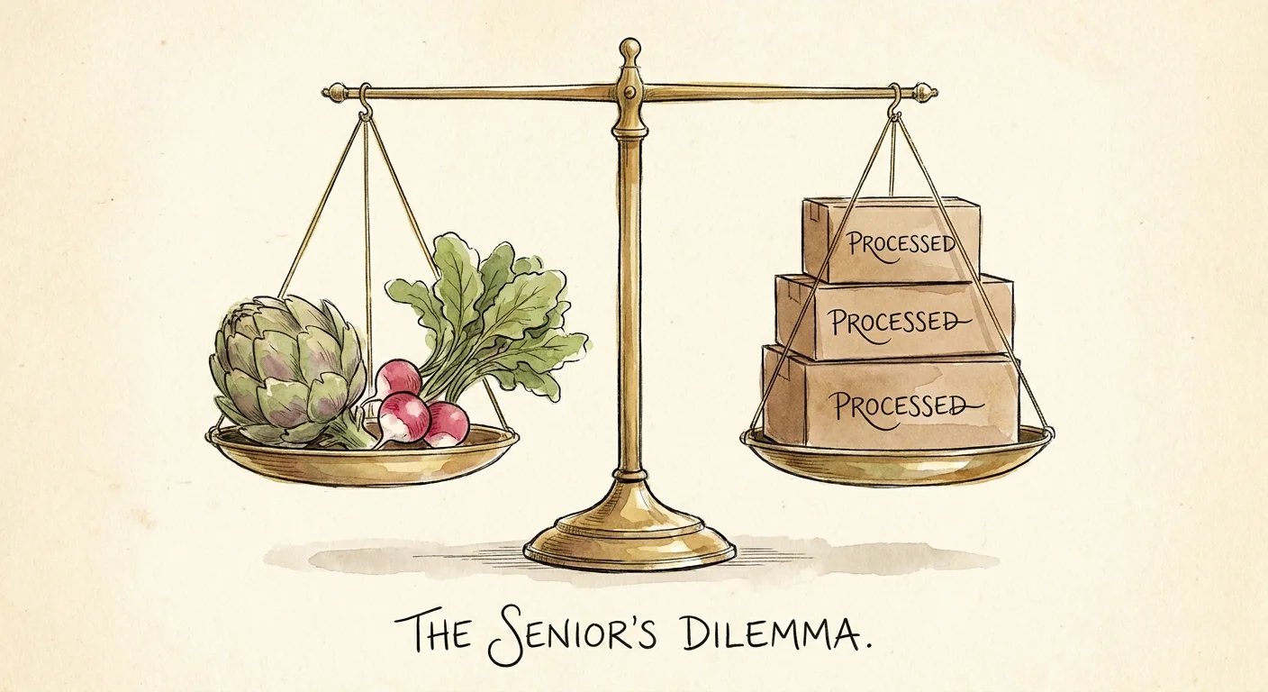 A watercolor illustration of a brass scale balancing fresh vegetables on one side against processed food boxes on the other.