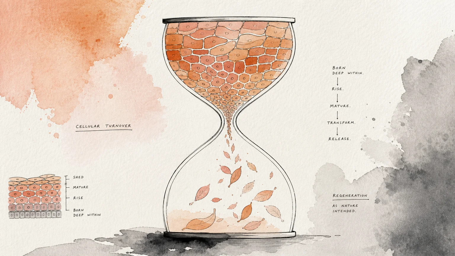 Abstract watercolor illustration of an hourglass where geometric shapes transition into delicate leaves, symbolizing cellular turnover.