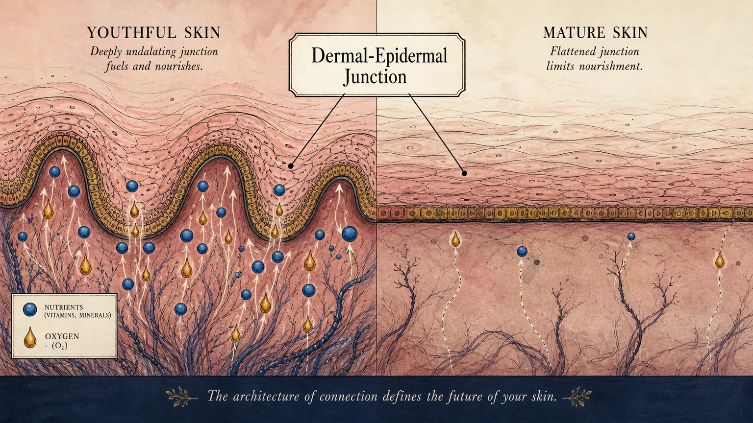An abstract gouache illustration showing a wavy dermal-epidermal junction on the left and a flattened, aged junction on the right.