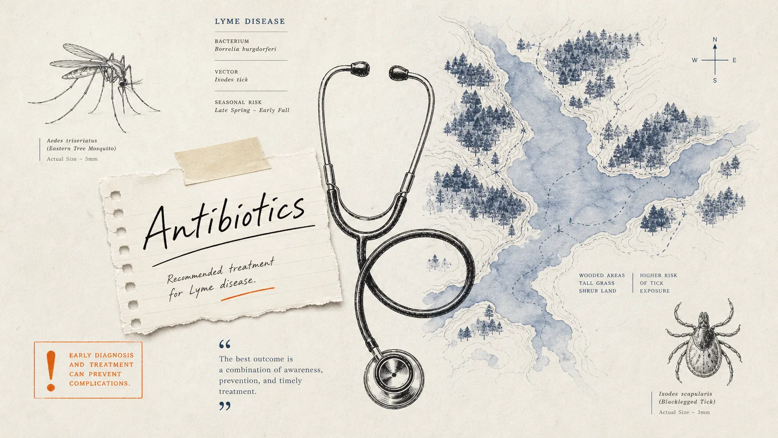An editorial collage with a stethoscope and medical notes emphasizing expert advice on antibiotics and prevention.