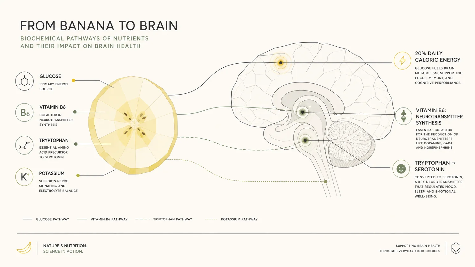 An editorial diagram mapping banana nutrients like Glucose, Vitamin B6, Tryptophan, and Potassium to their specific functions in the brain.