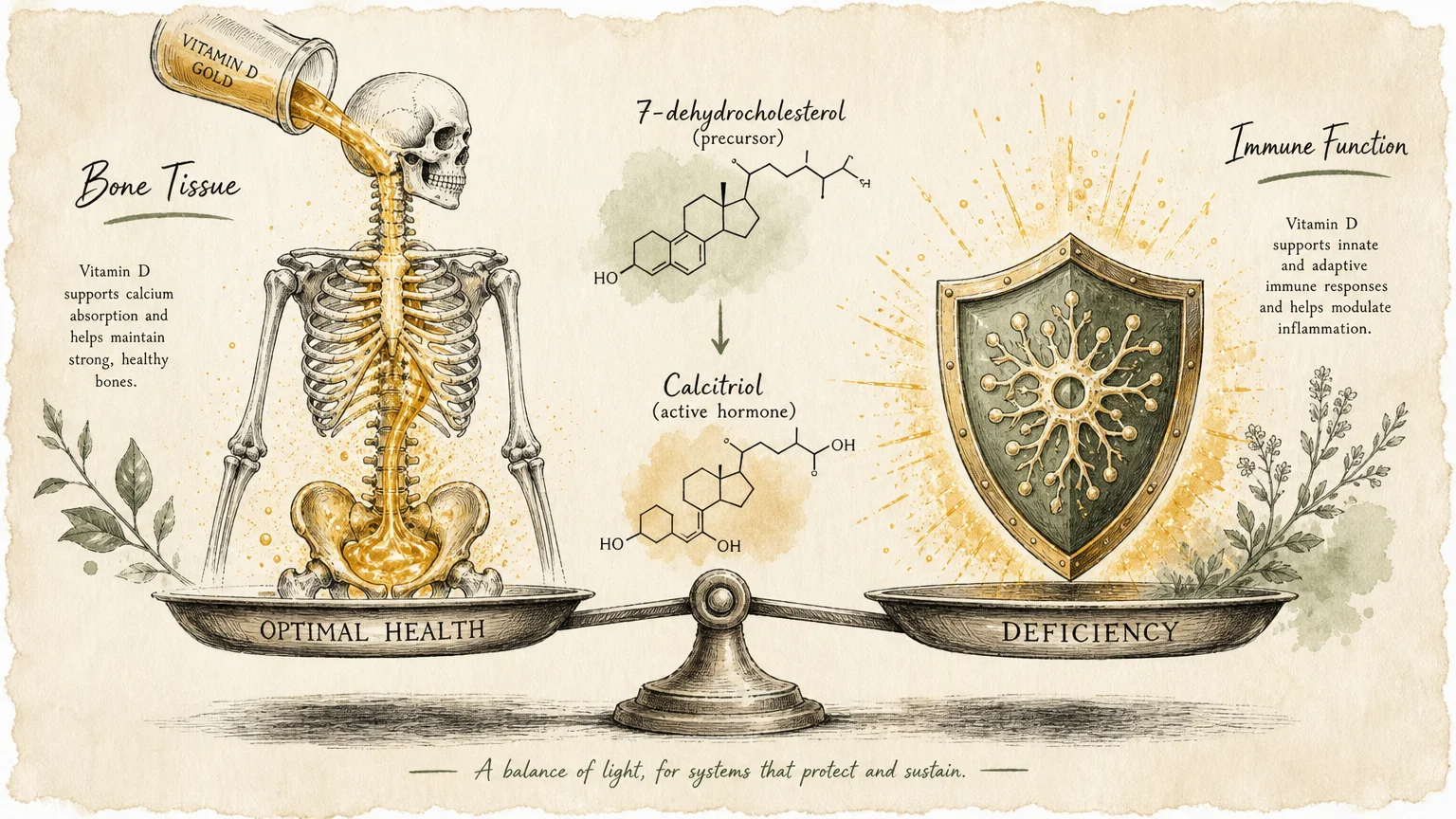 An editorial illustration of a human skeleton and a shield being filled with golden light, representing bone and immune health.