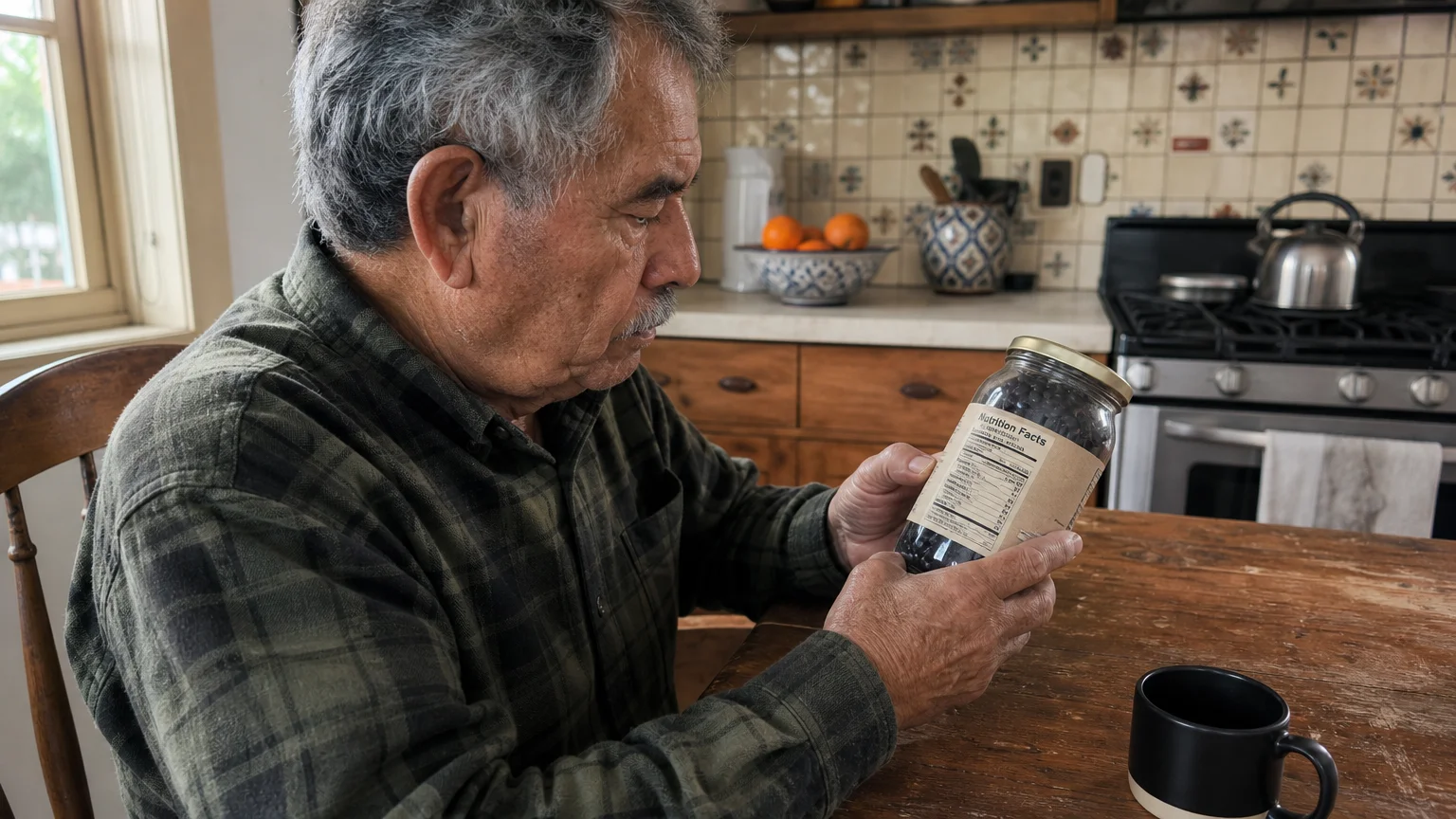 An elderly man in a flannel shirt sits at his kitchen table and carefully reads the nutritional label on a jar of beans.