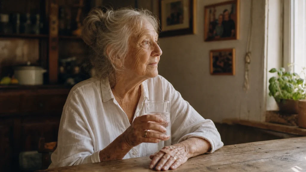 An elderly woman sits at a sunlit kitchen table holding a glass of water, captured in a warm, natural 35mm film style.
