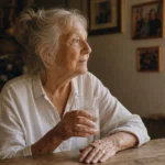 An elderly woman sits at a sunlit kitchen table holding a glass of water, captured in a warm, natural 35mm film style.