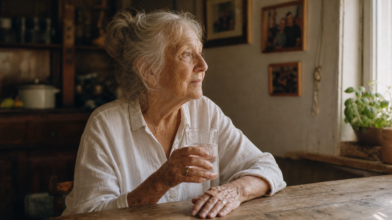 An elderly woman sits at a sunlit kitchen table holding a glass of water, captured in a warm, natural 35mm film style.