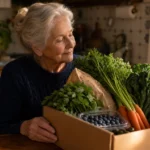 An elderly woman with silver hair happily unboxes fresh vegetables and whole grains from a food assistance box in her warm kitchen.
