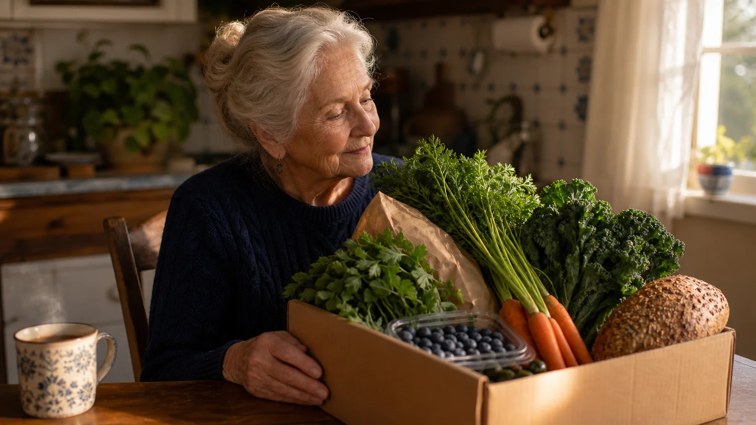 An elderly woman with silver hair happily unboxes fresh vegetables and whole grains from a food assistance box in her warm kitchen.