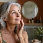 An elegant senior woman with silver hair looks thoughtfully towards a window in a softly lit bathroom, showcasing natural skin texture.