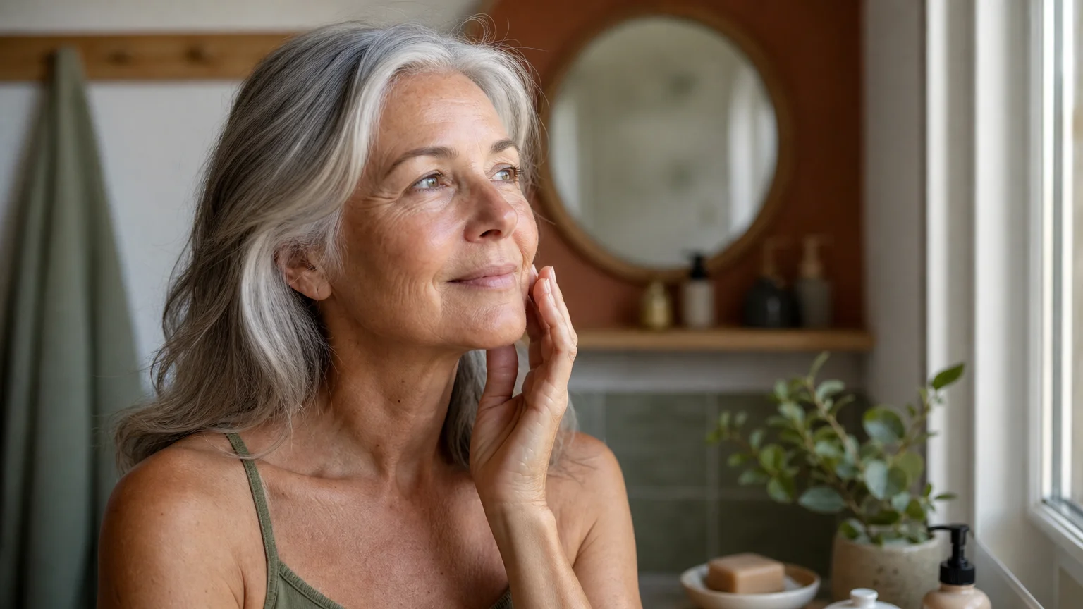 An elegant senior woman with silver hair looks thoughtfully towards a window in a softly lit bathroom, showcasing natural skin texture.