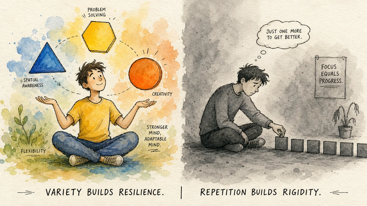 An illustration contrasting a person balancing diverse colorful shapes with a person repetitively stacking identical grey squares.