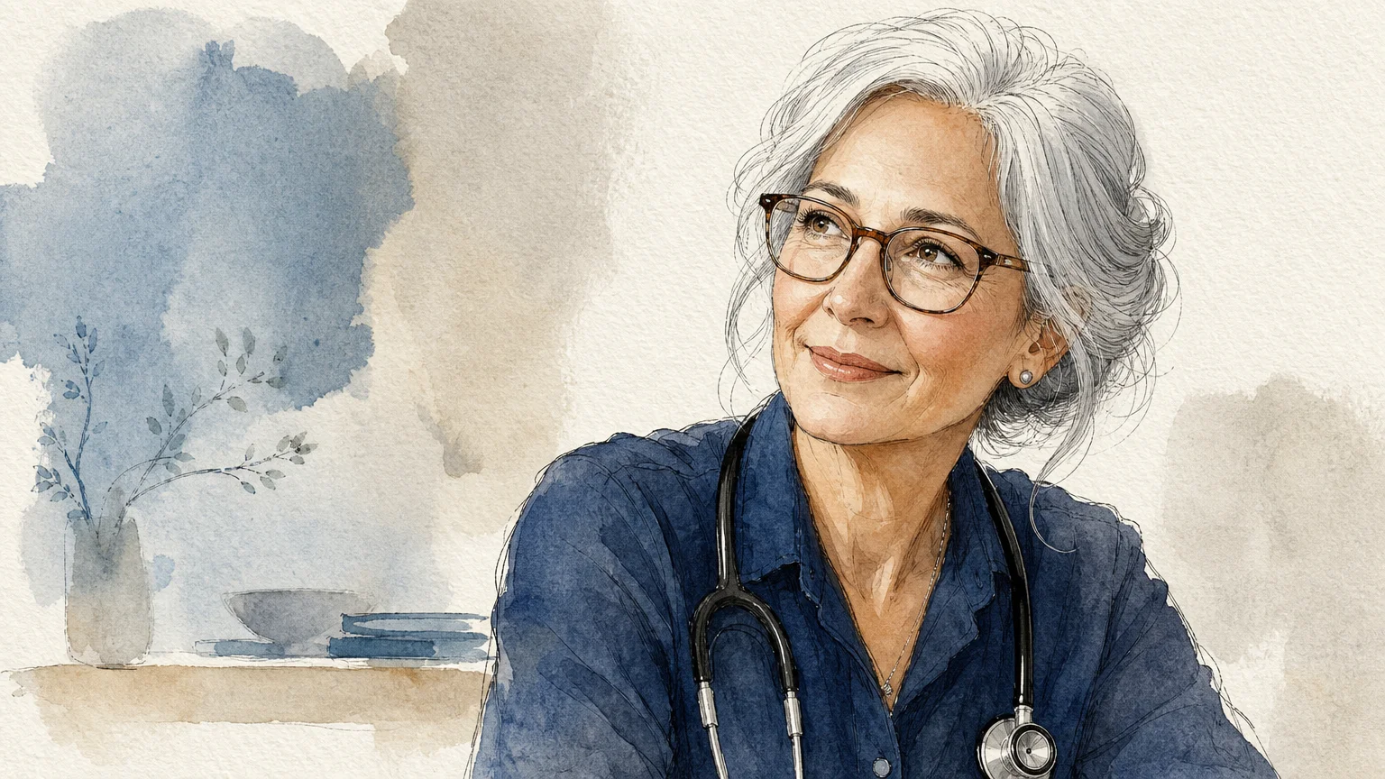 An ink and watercolor editorial portrait of a kind, silver-haired dermatologist wearing a navy linen shirt and glasses.