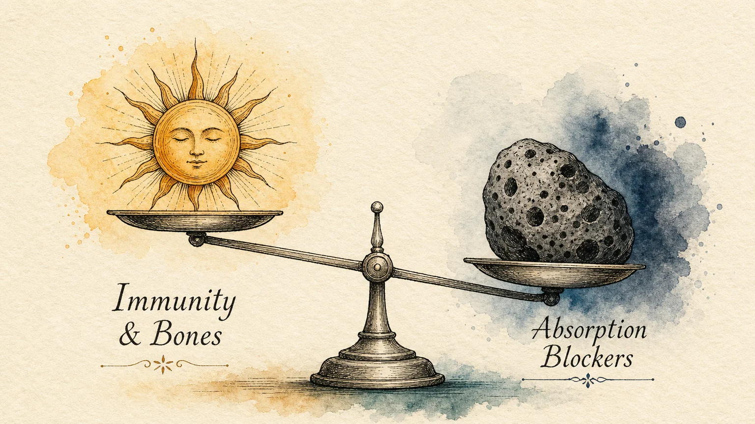 An ink and watercolor illustration of a scale balancing a golden sun labeled Immunity & Bones against a heavy stone labeled Absorption Block