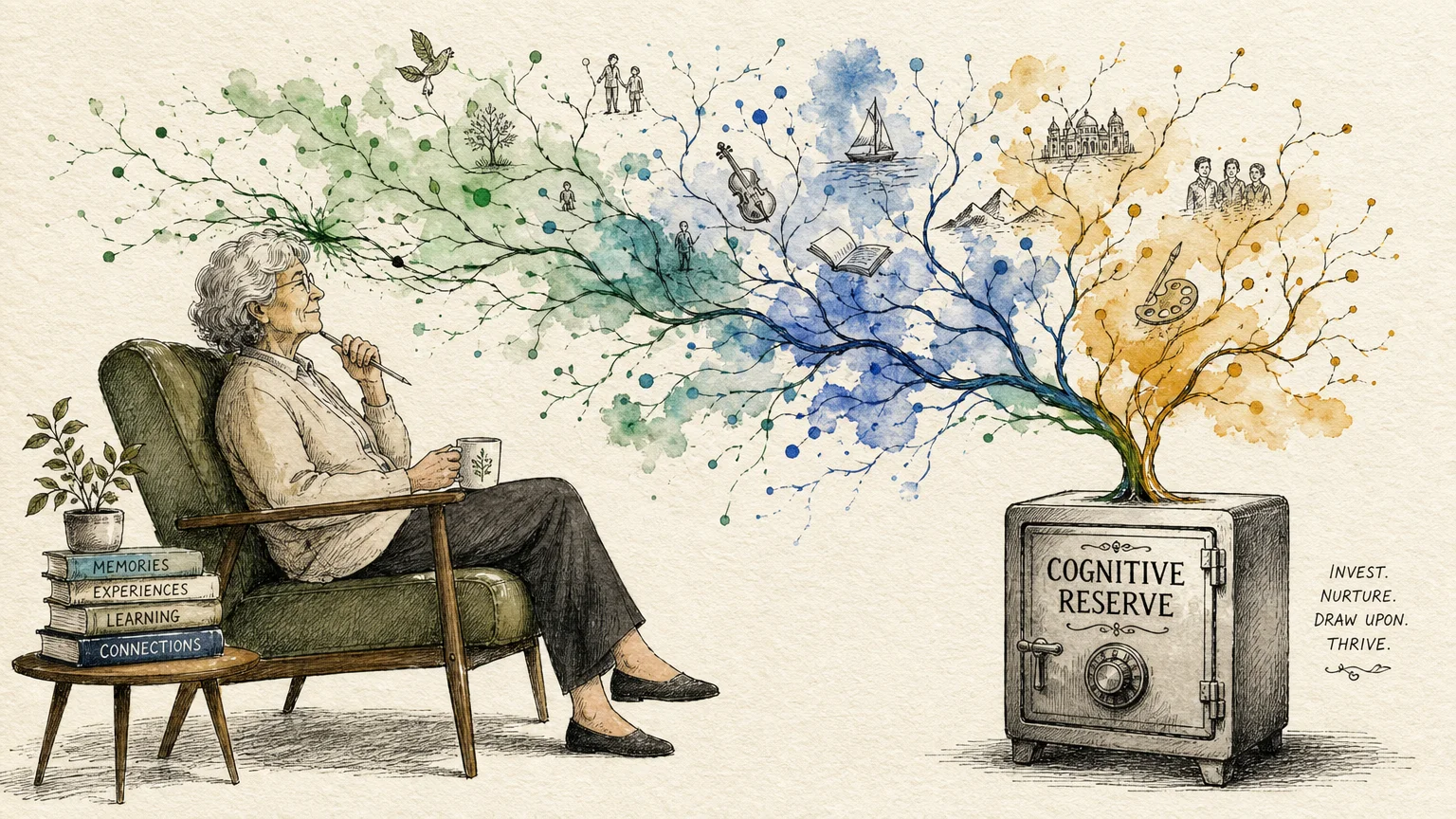 An ink and watercolor illustration of a seated person with neural pathways branching out into a safe labeled 'Cognitive Reserve'.