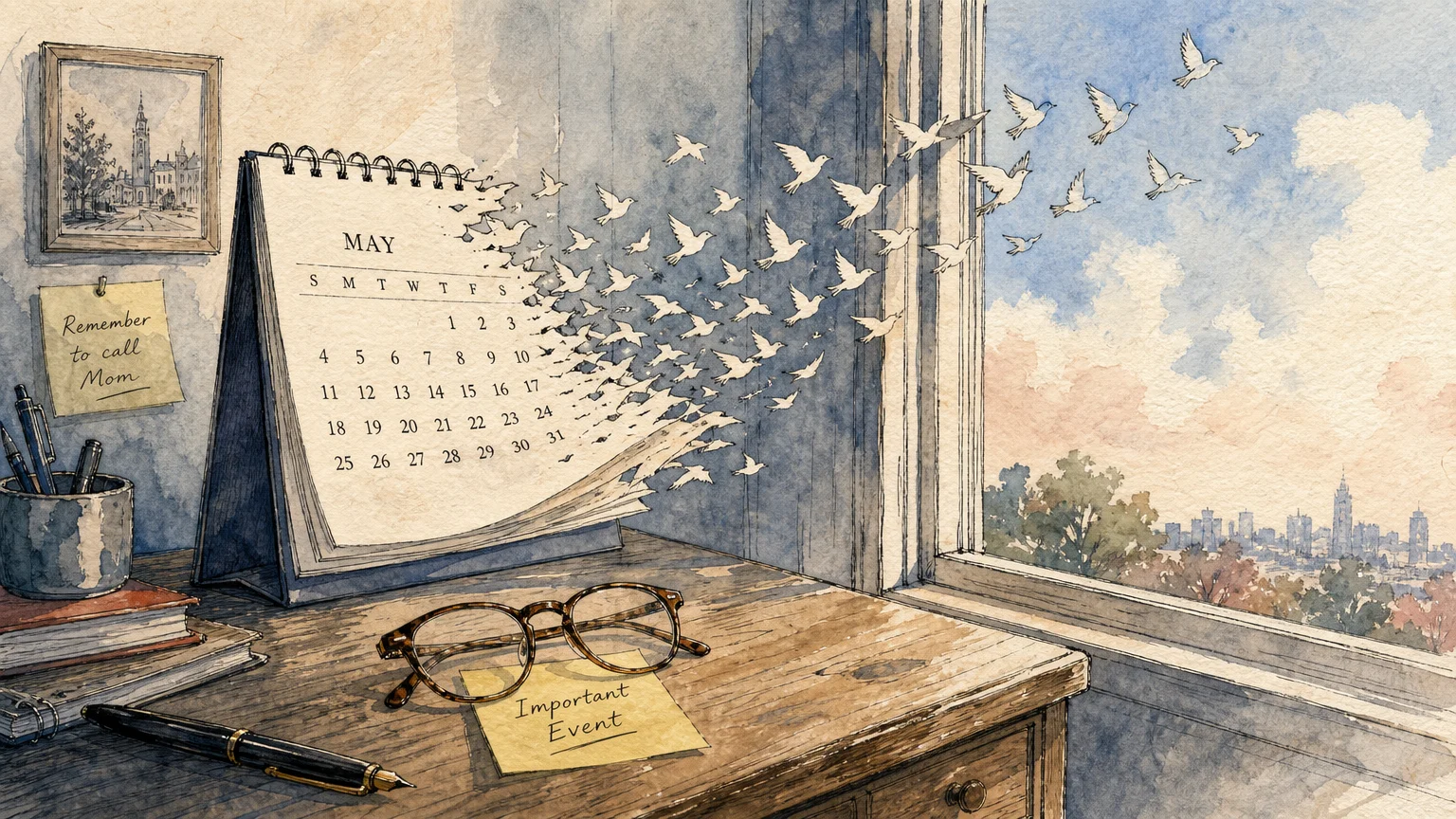 An ink and watercolor illustration of calendar pages turning into birds, symbolizing the subtle loss of memory.