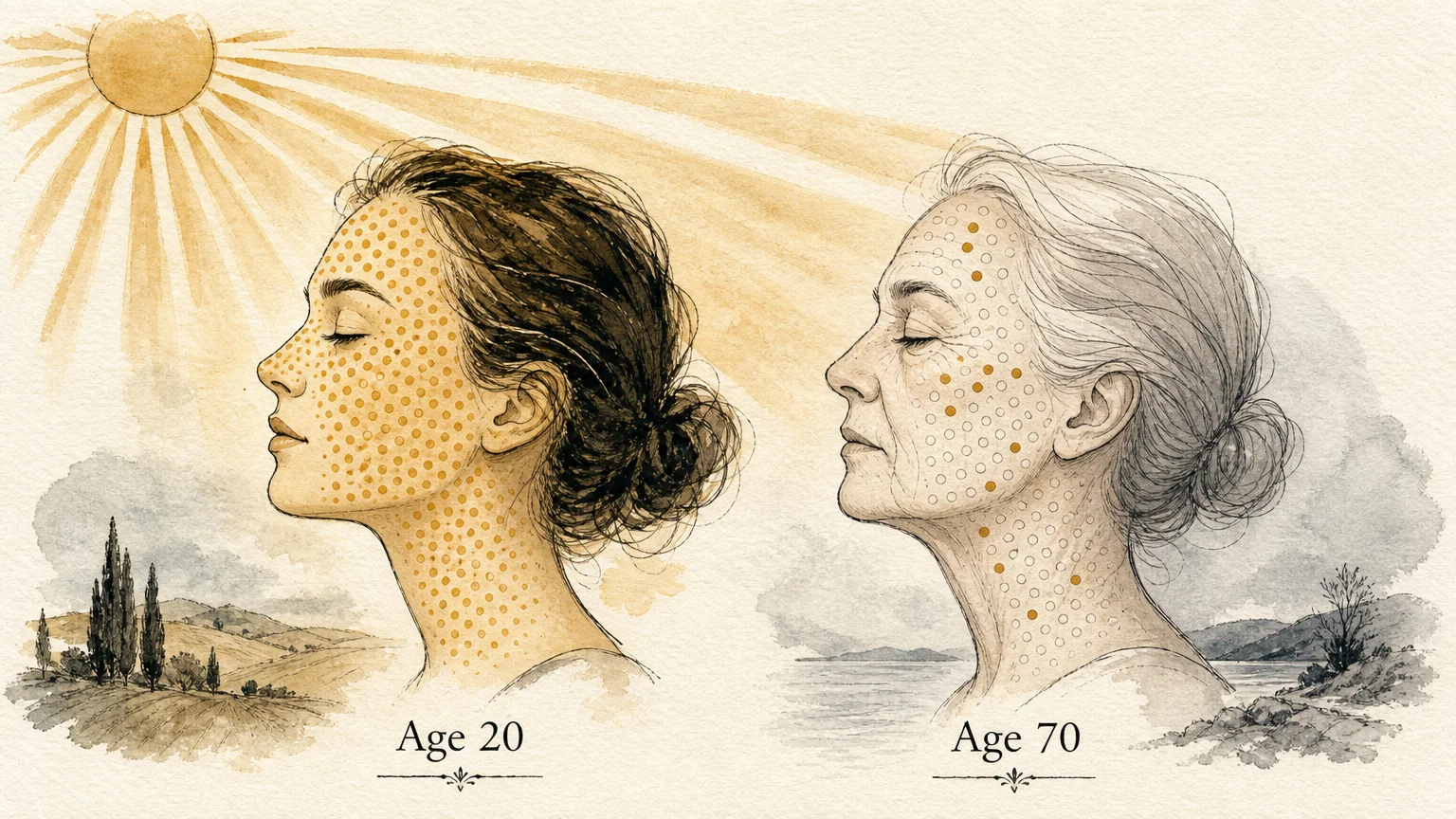 An ink and watercolor illustration showing the difference in sun synthesis between Age 20 and Age 70.