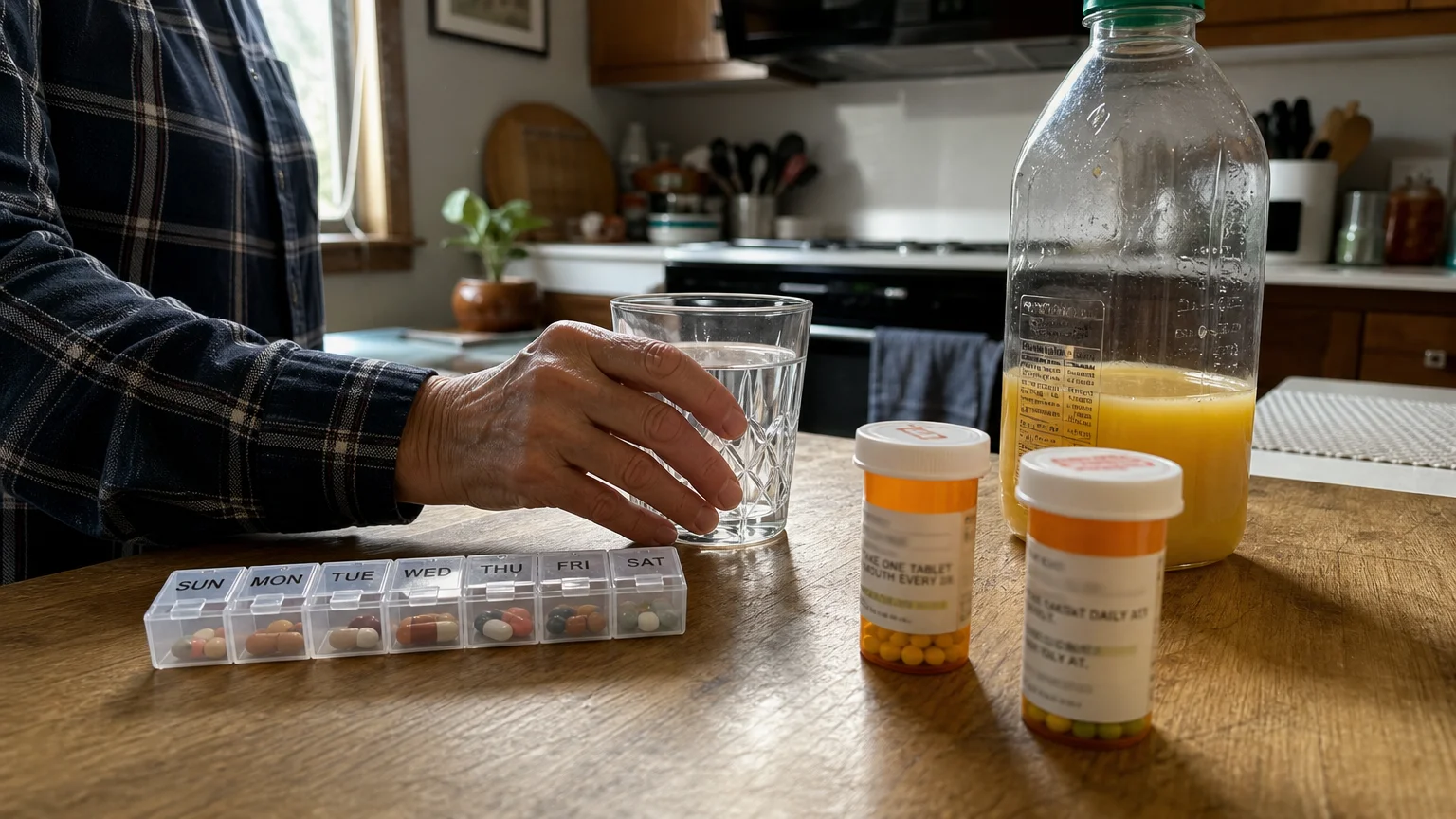 An older adult's hand reaching for a glass of water on a kitchen counter next to prescription medication bottles.