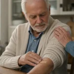 An older man looking gently at an adhesive bandage on his arm, with his partner's hand resting on his shoulder for support.