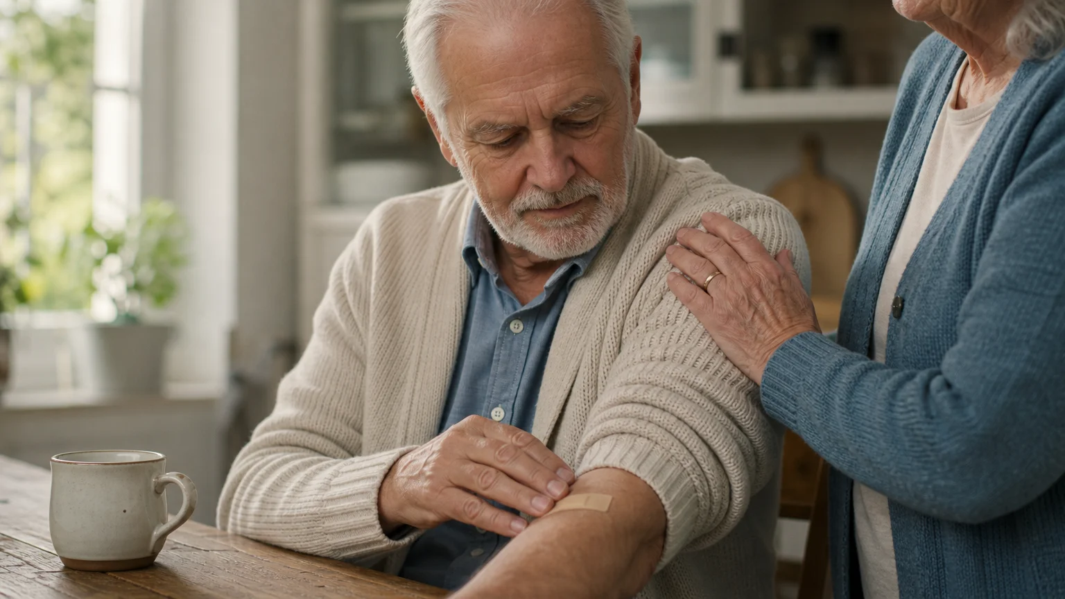 An older man looking gently at an adhesive bandage on his arm, with his partner's hand resting on his shoulder for support.