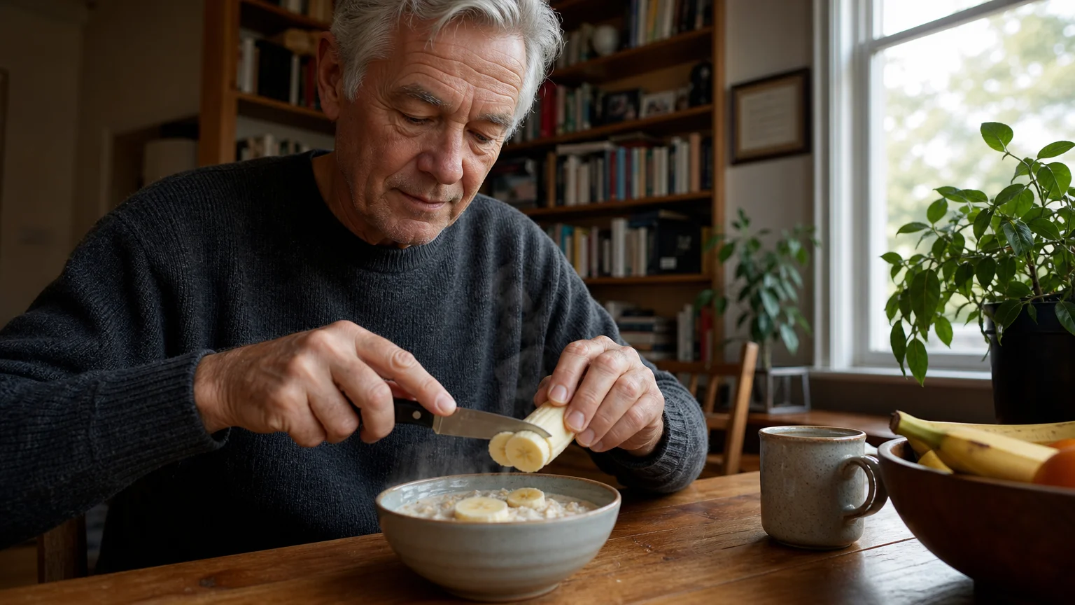 An older man with gray hair slicing a banana into his morning oatmeal at a wooden table in a sun-drenched, cozy kitchen.