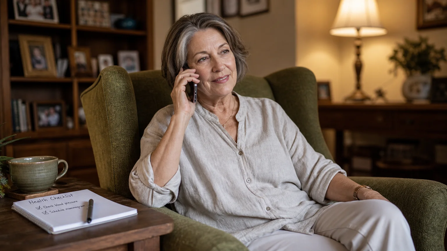An older woman in a cozy green armchair smiling while making a phone call, with a notebook on the table beside her.