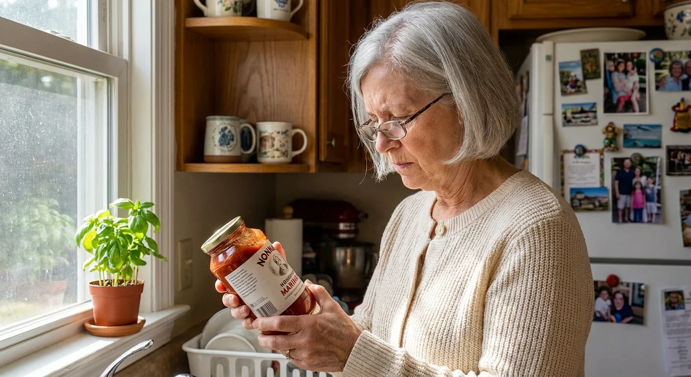 An older woman in a cozy kitchen wearing reading glasses while closely inspecting the nutrition label on a glass jar.
