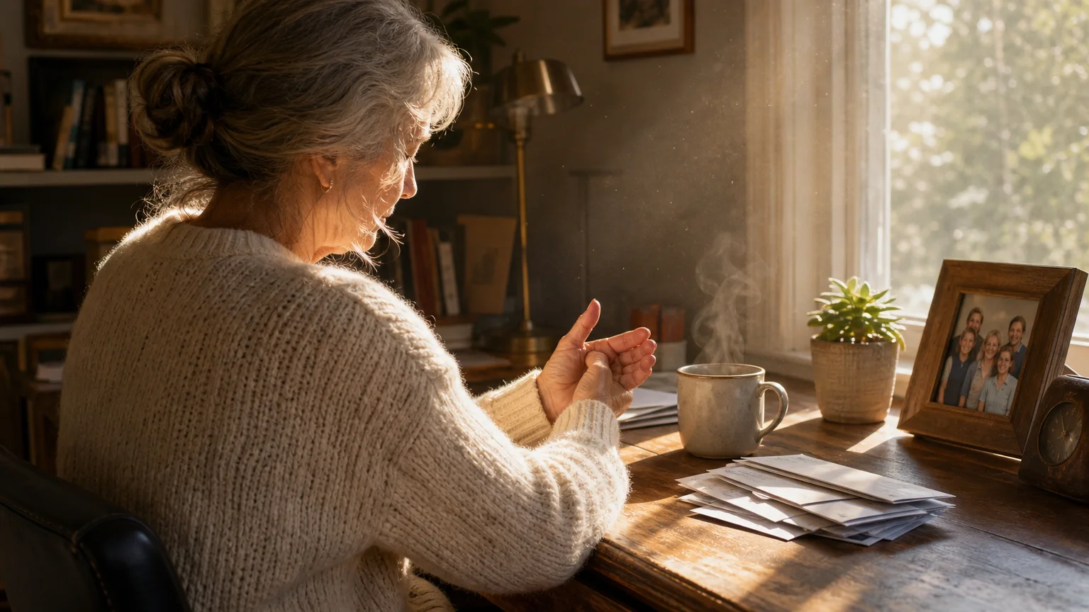 An older woman sits at her desk in morning light, gently rubbing her thumb joint in a quiet, domestic setting.