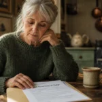 An older woman sits at her dining table in warm morning light, thoughtfully reading a 2026 health plan notice of change.