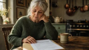 An older woman sits at her dining table in warm morning light, thoughtfully reading a 2026 health plan notice of change.
